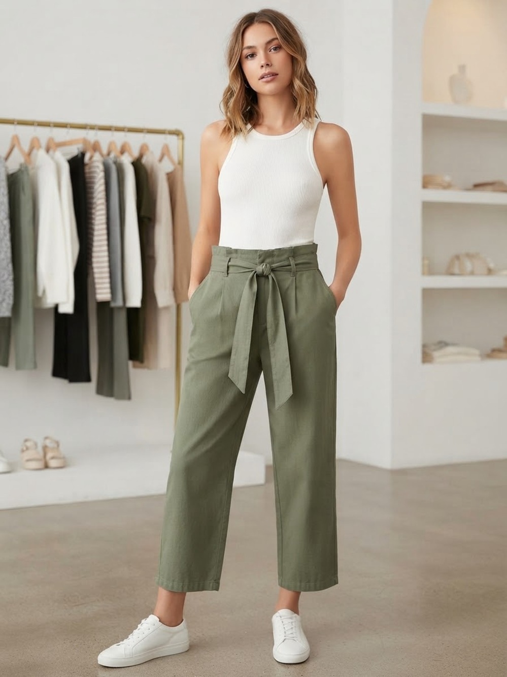 One A Olive Tie-Waist Wide Leg Pants